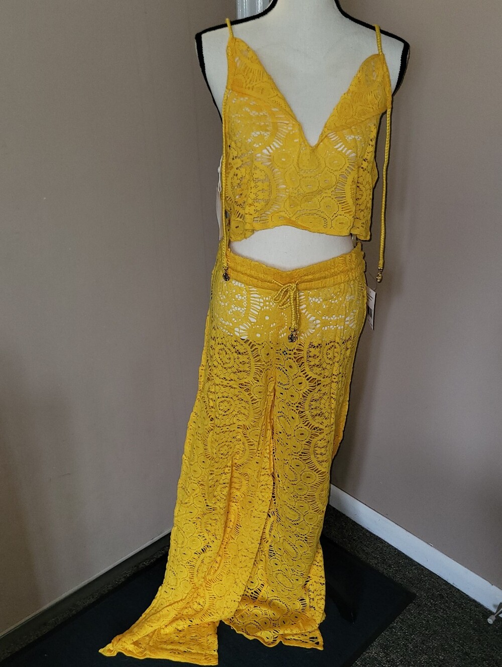 Yellow Crochet Lace Swim Coverup Set - Crochet Slitted Pants & Crop Top
